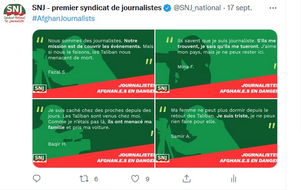 SNJ_national's tweet photo. #Jour12 
.@SNJ_national accompagne des centaines de journalistes afghans en danger. Nous demandons leur évacuation de toute urgence.

@francediplo @JY_LeDrian @EmmanuelMacron 
#AfghanJournalists 
Nous publions leurs témoignages ⬇️ https://t.co/EmdtHPFYLN