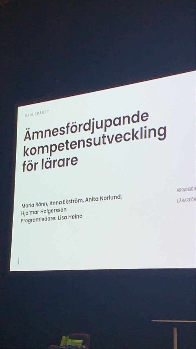Dagens första seminarium på #bokmässan med bland annat @LisaHeino och <a href="/Anna_Ekstrom/">Anna Ekström</a> . Mycket intressant forskning av <a href="/AnitaNorlund/">Anita Norlund</a> m.fl. om lärares fortbildning. Alltför lite handlar om ämnesfortbildning.