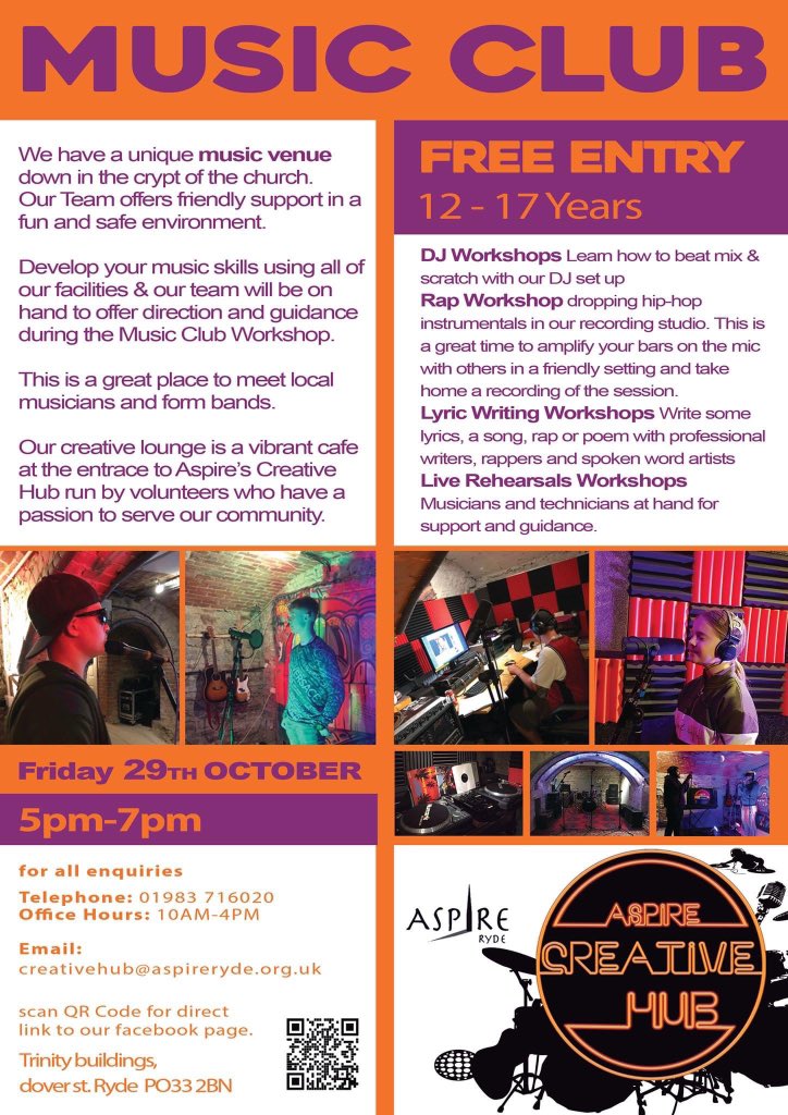 Our new Music Club is starting on 29th October 5 - 7pm. For ages 12-17 years. Parents welcome There is also the opportunity to have a go on the equipment we have and inform us of what you would be interested in learning. Group is free of charge