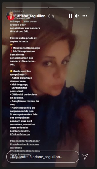#ArianeSeguillon relève le chalenge pour sensibiliser sur  Les cancers ORL #OnLesEcharpe
Et vous ? Un selfie, seul ou en groupe, avec une écharpe et écrivant un des symptômes ORL qui doit vous alerter s'il dure plus de 3 semaines
<a href="/DNA_TF1/">DNA_TF1</a> 
<a href="/MakeSenseCmpn/">Make Sense Campaign</a> 
<a href="/merck_fr/">Merck France</a>