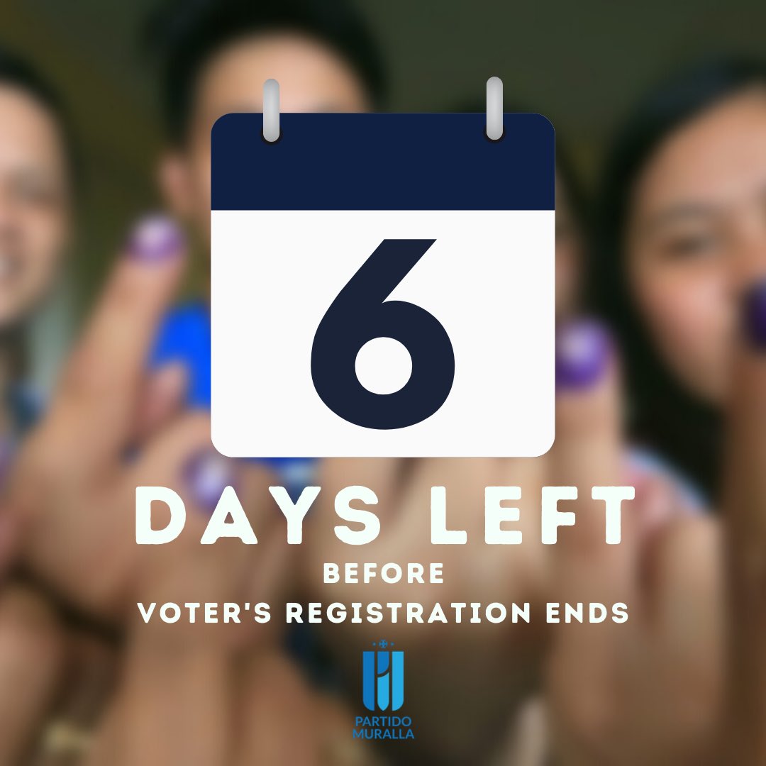 PartidoMuralla's tweet photo. Don't miss your chance to vote! 6 days until voter's registration ends. 

Register here: https://t.co/VPWk4bkjAg

AyalaMalls:
https://t.co/vHz3OLsX1f

SM Supermalls:
https://t.co/YuAGXR30bg

Robinsons Malls:
https://t.co/N6dqvzBz6m

#Halalan2022
#MagpaRehistroKa https://t.co/nqdrvf61jY