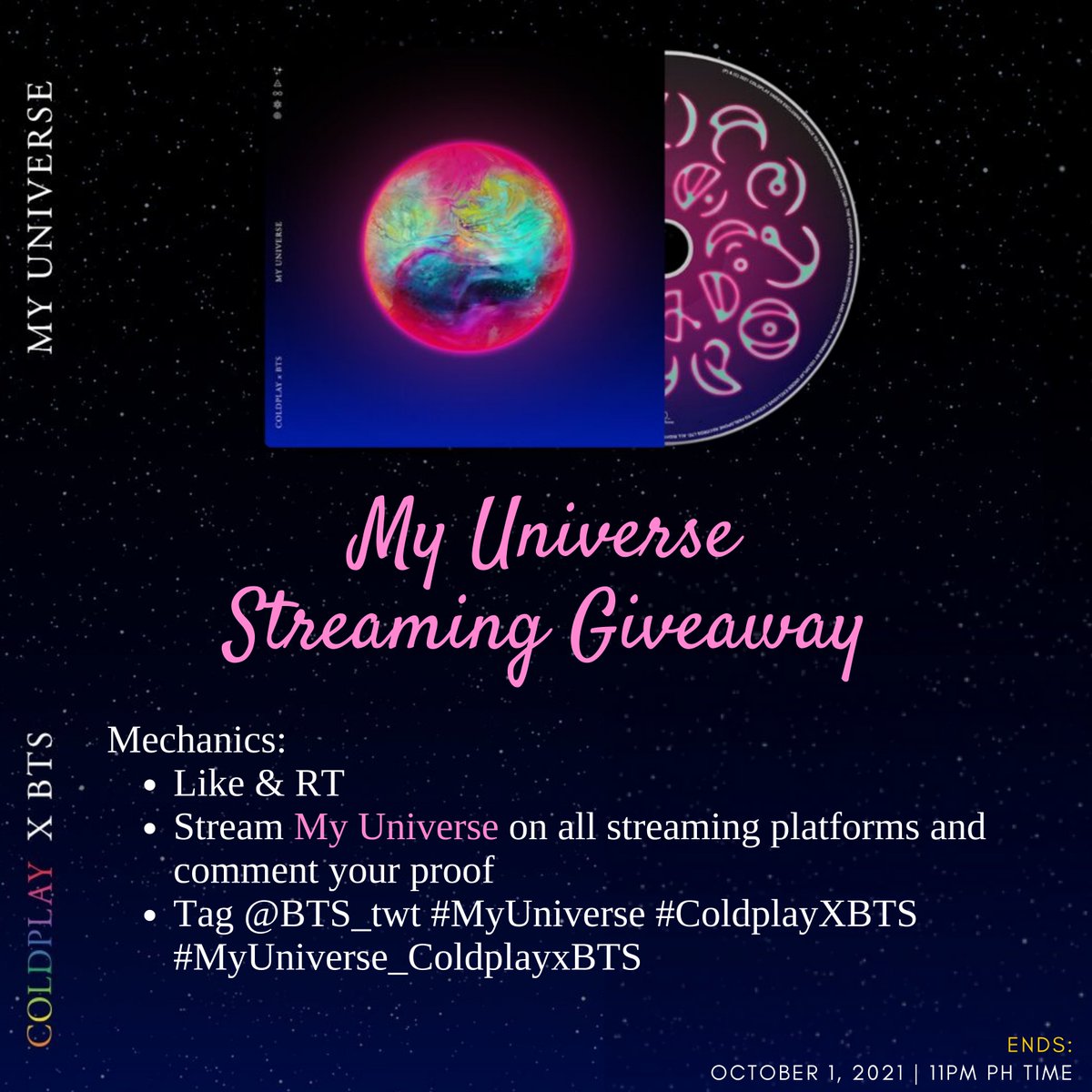 doolsetPH's tweet photo. #DoolSetPHGA
My Universe Streaming Giveaway PH
GA prize:
1 winner of My Universe: Alternate CD single (Epiphane Rdition)
ends: Oct 1, 11 pm
@BTS_twt #MyUniverse #ColdplayXBTS #MyUniverse_ColdplayxBTS https://t.co/XHmfdBTiv0