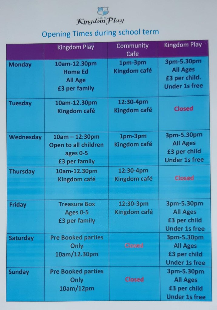 Below are our Autumn school term times for kingdom play
