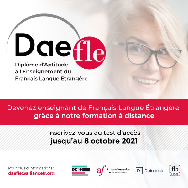 alliancefrparis's tweet photo. Ne ratez pas votre chance de faire du FLE votre métier grâce au DAEFLE. 🎓
📃 Inscriptions au premier test d'accès ouvertes jusqu'au 8 octobre 2021.
👉 https://t.co/dcOiaNQUe3
#alliancefrancaise #AFParis #DAEFLE #formation #formationpro #formationcontinue #enseignement https://t.co/DL9EKs34UQ