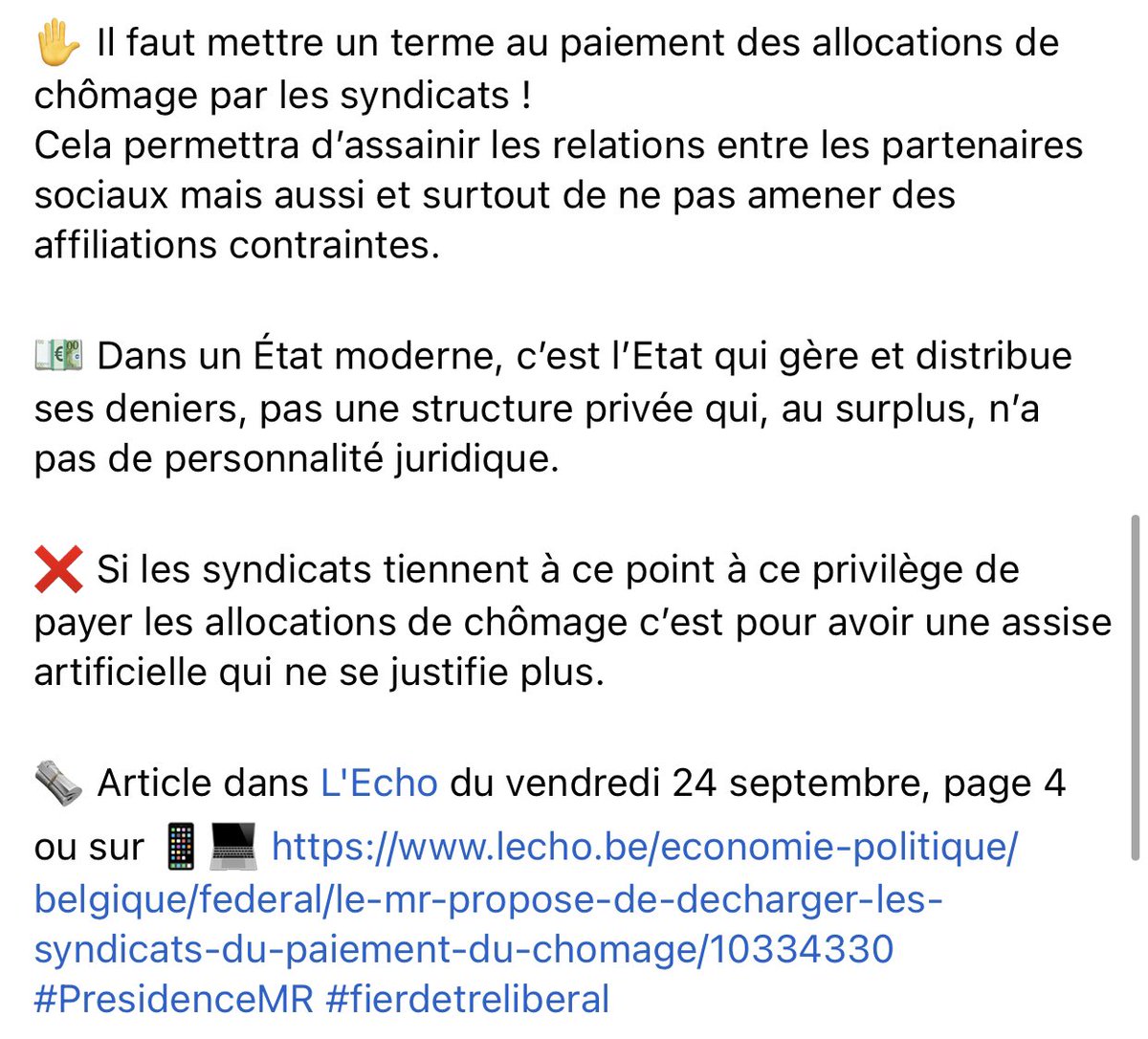 GLBouchez's tweet photo. ✋ Il faut cesser le paiement des allocations de chômage par les syndicats! 
💶 Dans un État moderne, c’est l’Etat qui gère ses deniers, pas une structure privée qui, au n’a pas de personnalité juridique.
🗞 @lecho ou 📱💻 https://t.co/3Ldgwhy8UT
#PresidenceMR #fierdetreliberal https://t.co/QfLr7ccxFy