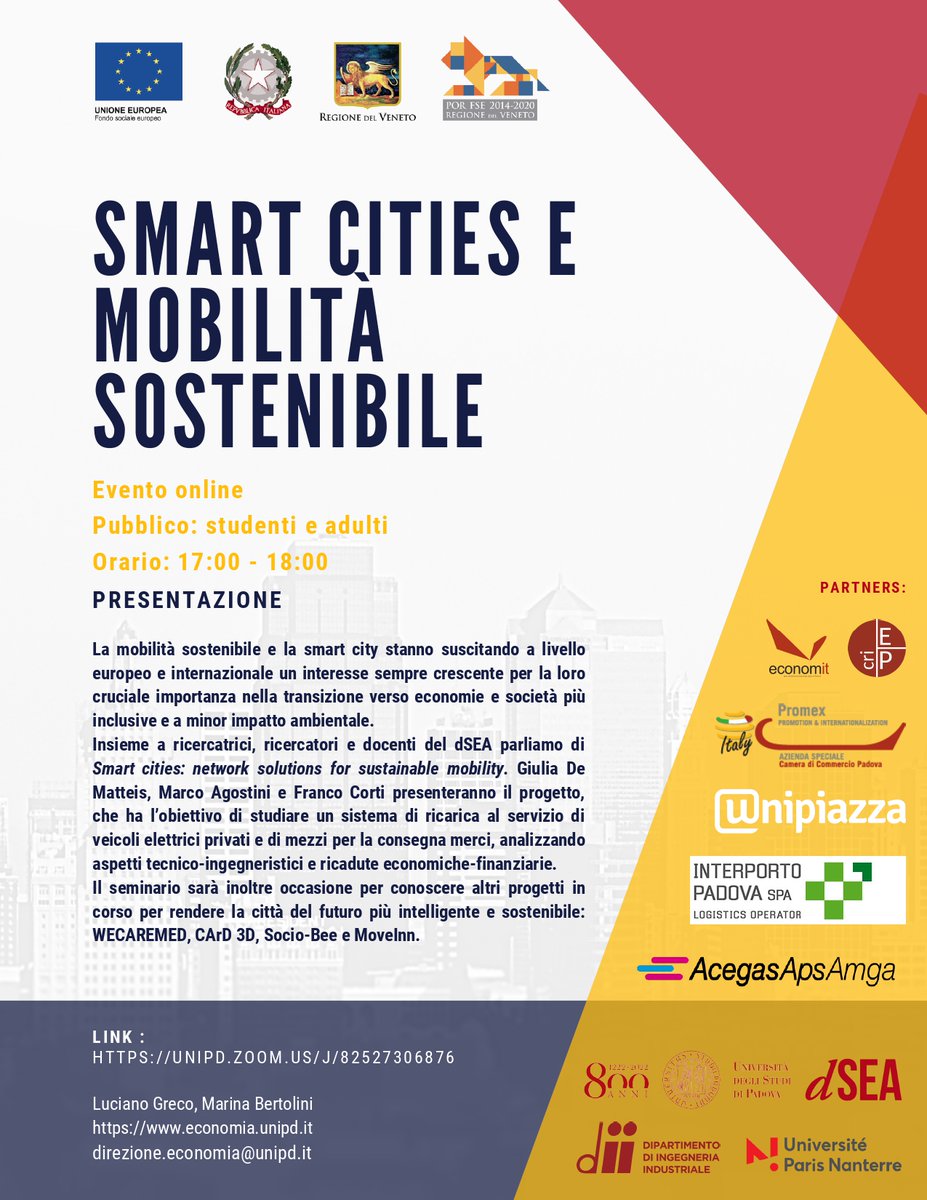 Economit_Unipd's tweet photo. Oggi alle 17.00 vi aspettiamo alla #researchersnight #VenetoNight!
Presentiamo i progetti del gruppo di ricerca #CRIEP del @dSEA_Unipd e partecipiamo al primo #livingLab del progetto #SmartCities!
@Unipiazza @AcegasApsAmga #promex #interportoPadova @RegioneVeneto #smartmobility https://t.co/pKCBpyjvEj