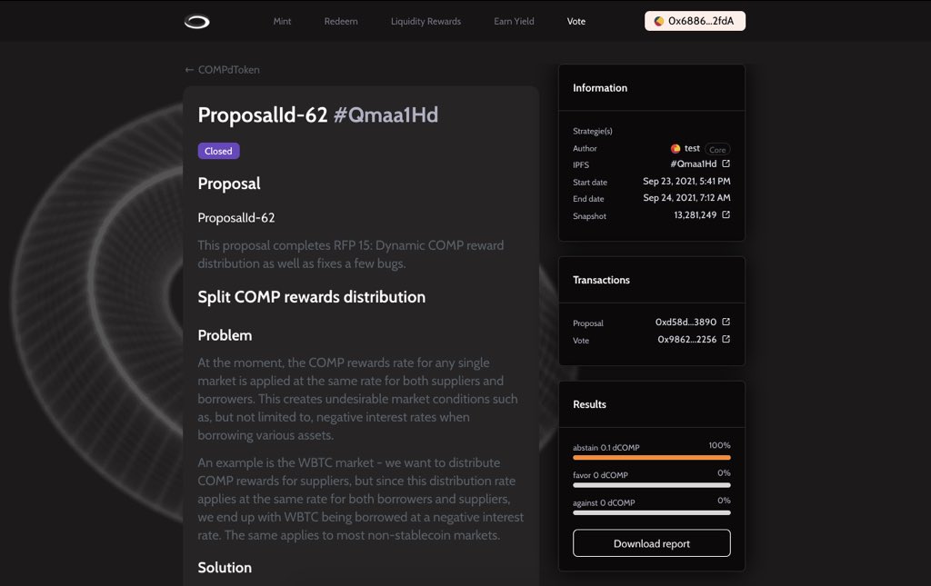 SunderFinance's tweet photo. Today, the first Sunder beta test has been executed on-chain with @compoundfinance Proposal ID 62

dComp being utilised for broadcasting an abstention and Sunder Vault having executing the first vote weighted at 0.1 Comp has succeeded

Big news for Gov. &amp; a step closer to mainnet https://t.co/XdRsrAWMys