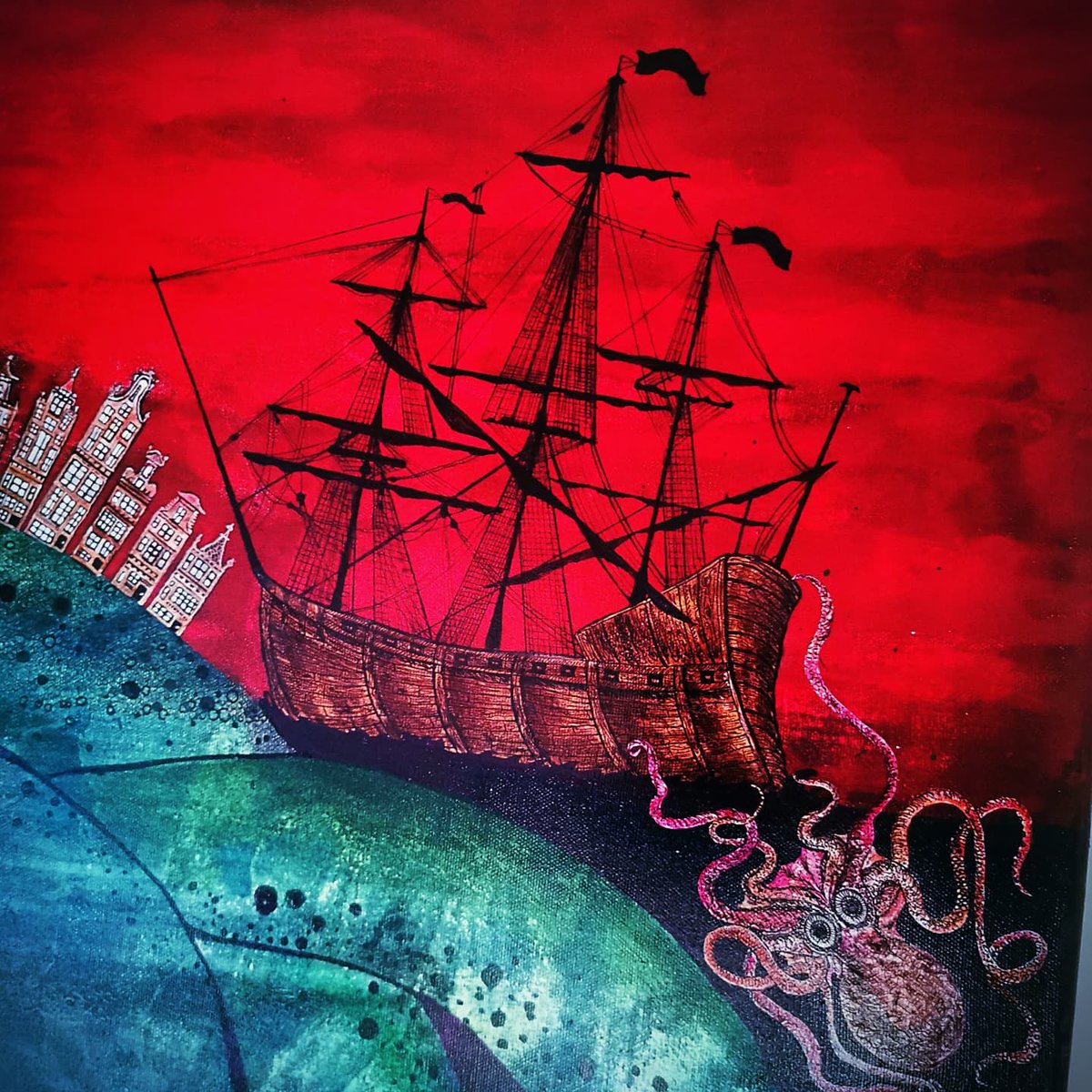 autumnrosewell's tweet photo. Details from another huge painting, The Great Sea Snake (ink on canvas) which illustrates a 19th century Whaling song of the same title, as retold by @KingsOTSS (with added shape-shifting mermaids). More photos on my Instagram page  @Hobs_Lantern #folktale #illustration #folksong https://t.co/UN9DemVhZp