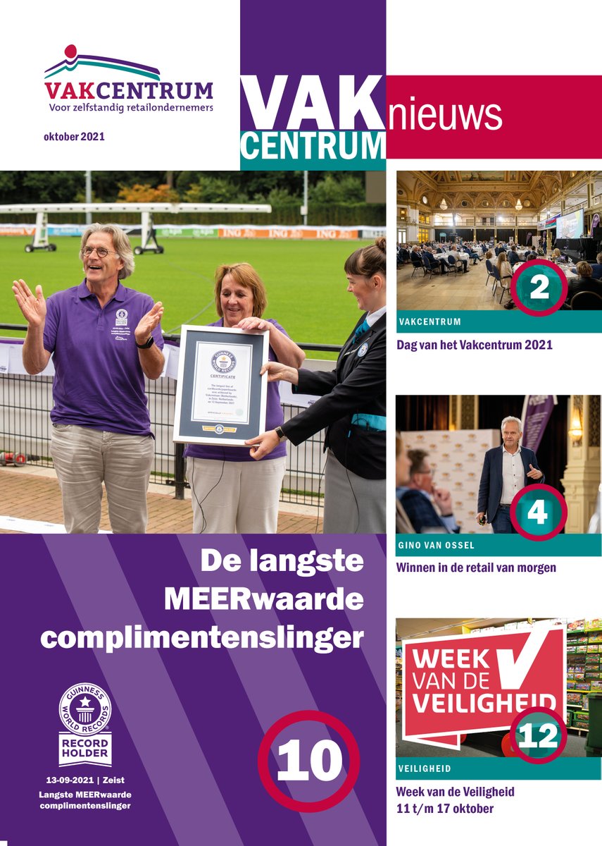 Morgen verschijnt de nieuwe uitgave van #VakcentrumNieuws 📰 met o.a.
#Vakcentrum haalt GUINNESS WORLD RECORD, Terugblik Dag van het Vakcentrum en 'Politiek moet meer aandacht hebben voor meerwaarde zelfstandig winkeliers'.
Bekijk de uitgave digitaal: bit.ly/2XK8qD6