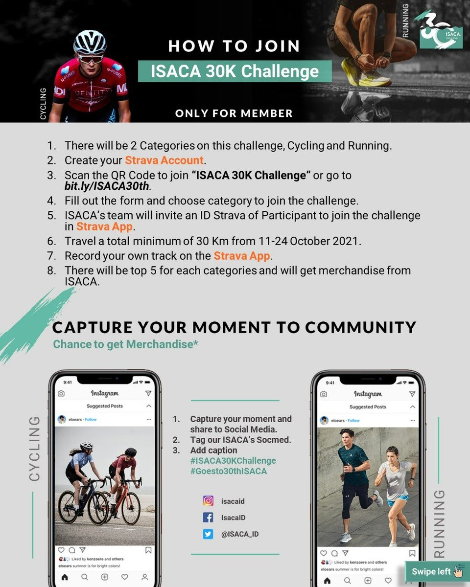 ISACA_ID's tweet photo. Let's Celebrate our 30th Anniversary with join ISACA 30K Challenge. 

Record your own Cycling and Running on Strava App. 

Travel a total minimum of 30Km from 11 - 24 October 2021.

For more info, click https://t.co/x8kKyaCKCj

#isacaid
#ISACA30KChallenge
#Goesto30thISACA https://t.co/mZ9GfDiNaz