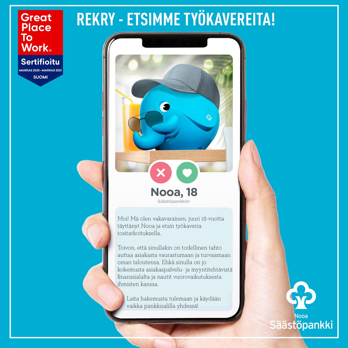 SaastopankkiHki's tweet photo. REKRY! Etsimme työkavereita tositarkoituksella. Kurkkaa alta ilmoitus tai vinkkaa kaverille! 💙
Ilmoituksen löydät täältä 👇
https://t.co/SqCXk2idzJ
#rekry #rahoitusala #finanssiala #tyoepaikat #nooasp #taloudenvalmennus https://t.co/MzwbJpvRgL