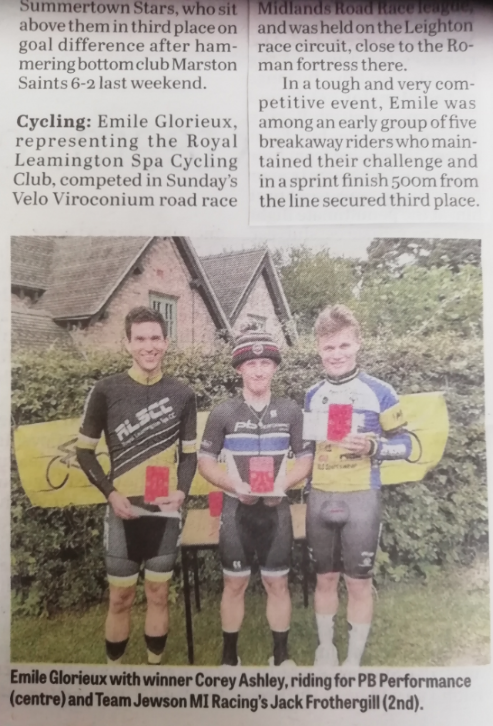 Roman candle. Glorieux lights a way to success in last weekend’s Velo Viroconium road race in Shrewsbury, organised by the  Wolverhampton Wheelers Cycling Club. The image below is from today’s Leamington &amp; Warwick Courier.