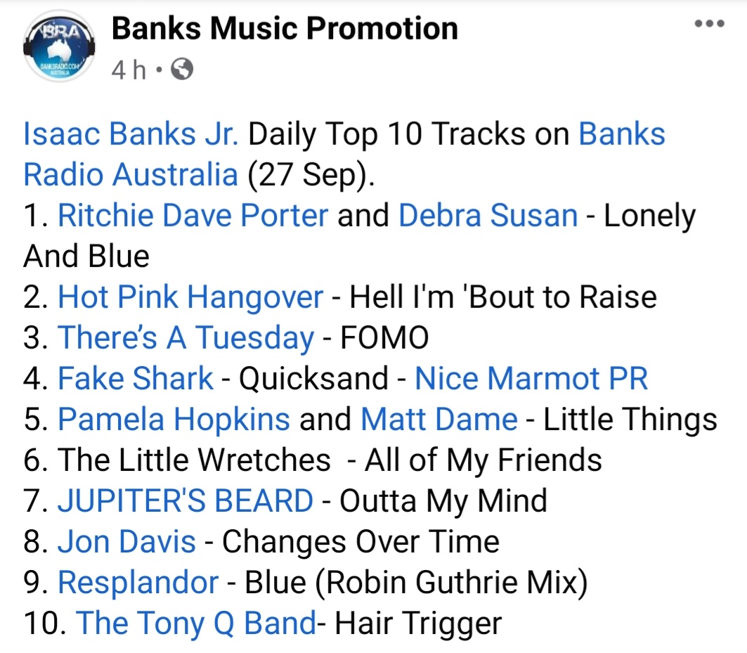 Richard03399598's tweet photo. Number One in Top Ten Tracks for Banks Radio Australia 27 September. Thanks to Banks Radio Australia for the fabulous support of Ritchie Dave Porter and Debra new single 'Lonely and Blue ' #banksradioaustralia #isaacbanks #sweetsundaysounds #valleyfm #newamazonsingle #newitunes https://t.co/x0c8mBKniK
