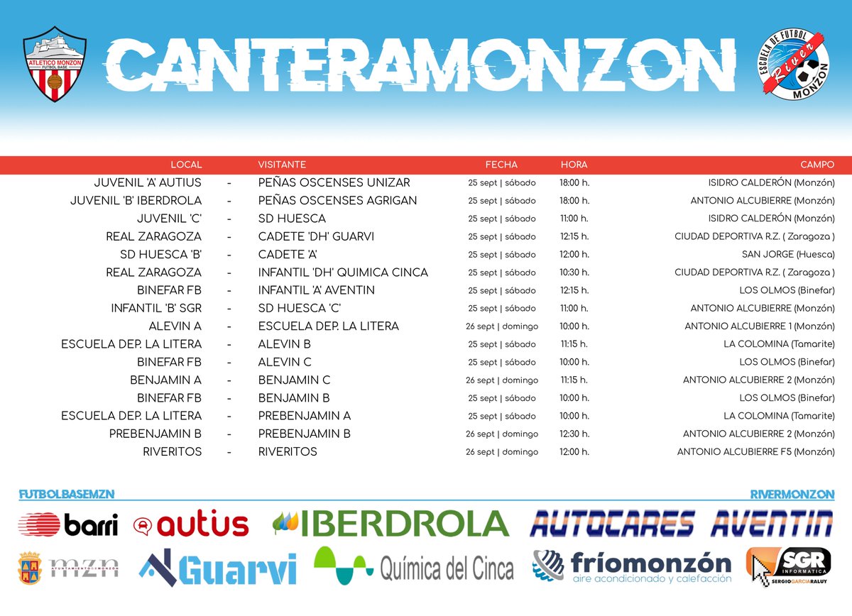 FutbolBaseMzn's tweet photo. 📰 HORARIOS | La espera se ha hecho larga... Ya tenemos a todos nuestros equipos en competición. ¡Suerte a todos! 

🔴⚪ #CanteraMonzón https://t.co/s1fYitkKGG