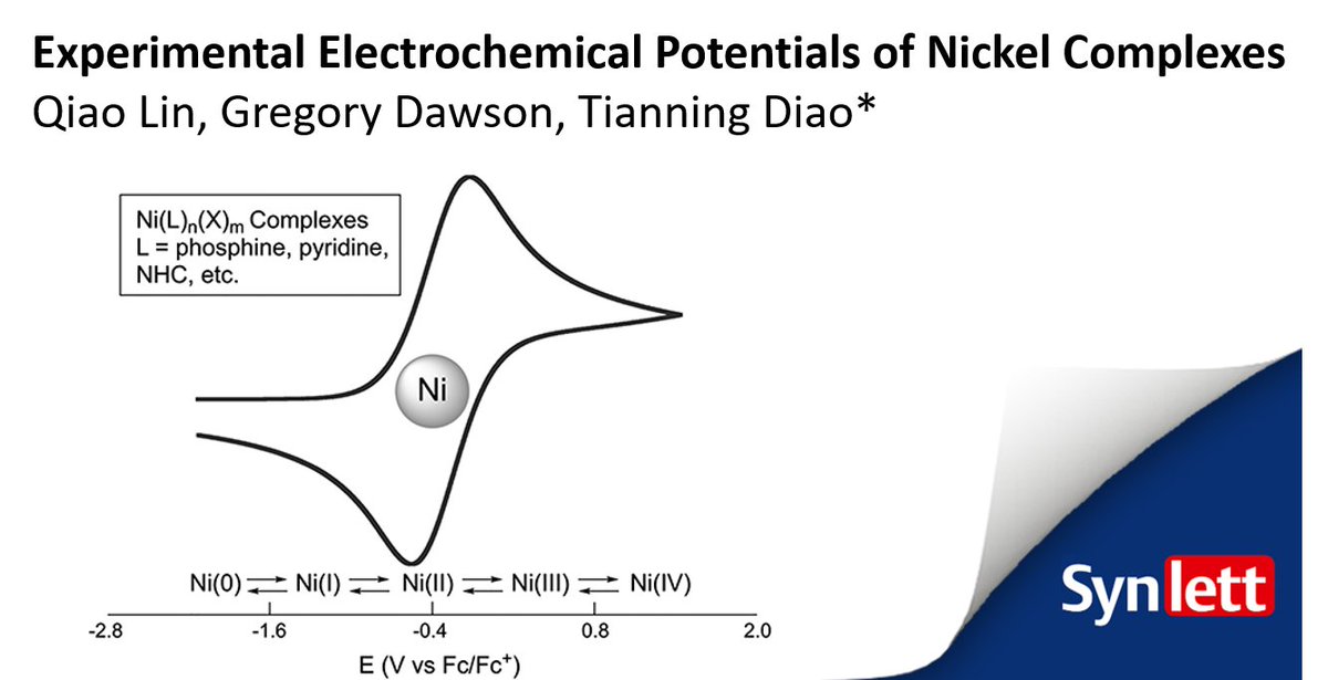 thiemechemistry's tweet photo. Free article highlight by Tianning Diao @diaogroupNYU and co-workers published in the #SYNLETT Cluster Modern Nickel-Catalyzed Reactions 👉https://t.co/1K1liipnFl
Editors: Ruben Martin @rmartinICIQ, Gary Molander @molandergroup
#nickel #redoxpotential #electrochemistry https://t.co/0Gk9w0VDn6
