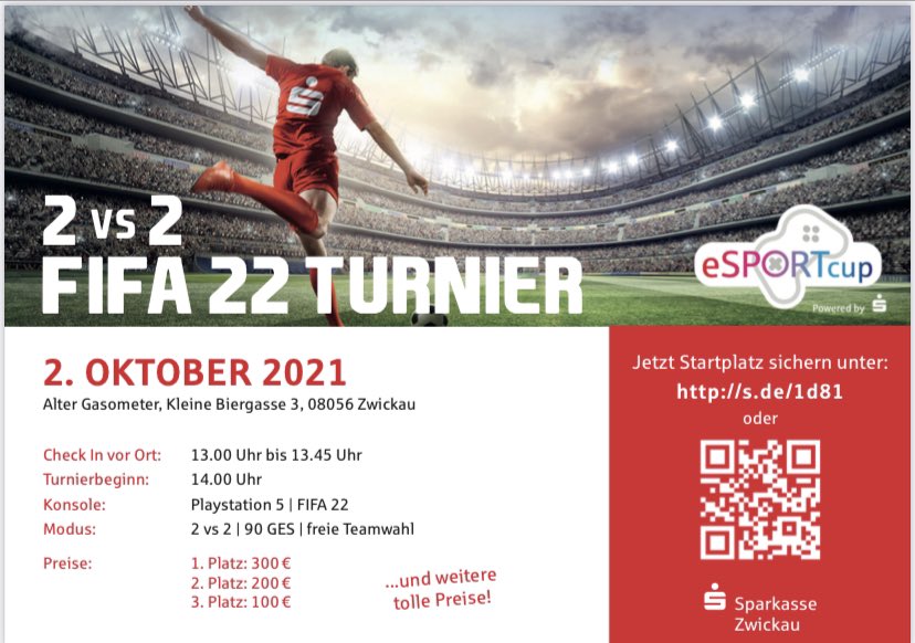 LeKarmann's tweet photo. Fifa Turnier der Sparkasse Zwickau!
Jeder kann teilnehmen -> Anmeldefrist Sonntag!
Bitte teilen❤️ @sparkasse https://t.co/AlO1Iq1JEB