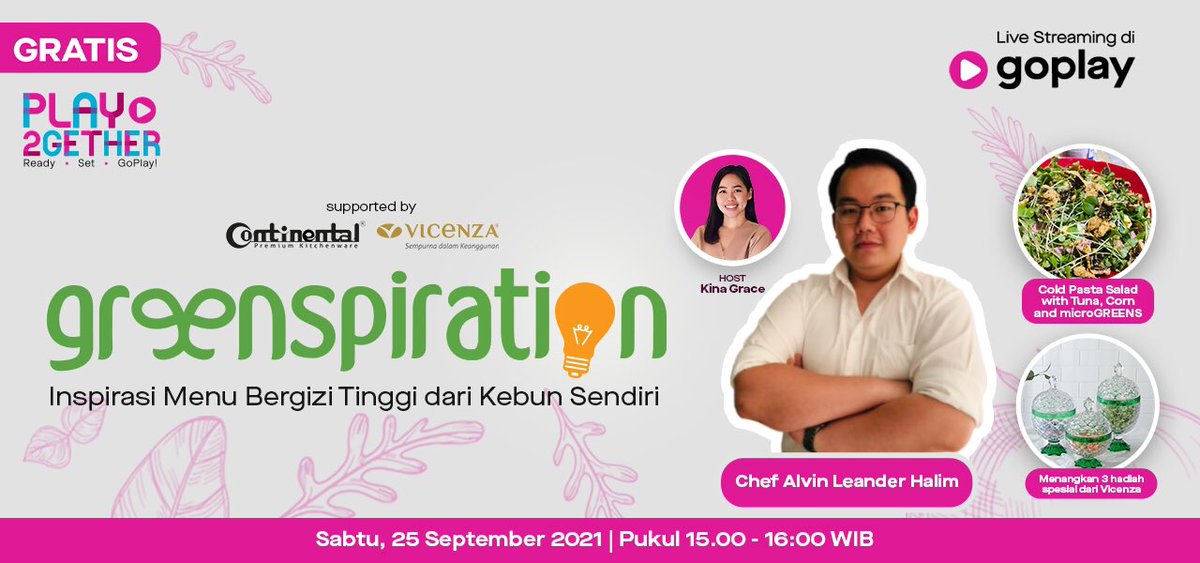 EverywhereID's tweet image. Makan dari hasil tanaman sendiri tuh rasanya joyful banget! 

Nah, buat kalian yang butuh inspirasi makanan sehat, yuk nonton Greenspiration. Sabtu, 25 September 2021 pukul 15.00 WIB hanya di GoPlay! bit.ly/GoPlayLive_Gre…

#GoPlayIndonesia #Play2Gether #Greenspiration