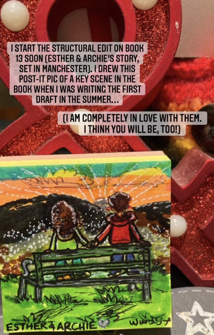 wurdsmyth's tweet photo. I start the structural edit on #Book13 soon - Esther & Archie’s story, set in Manchester. I drew this post-it pic of a key scene when I was writing the first draft in the summer.
I am completely in love with them. I think you will be, too… 🥰
#helloEstherAndArchie
@HQstories https://t.co/rD4d8s9xjJ