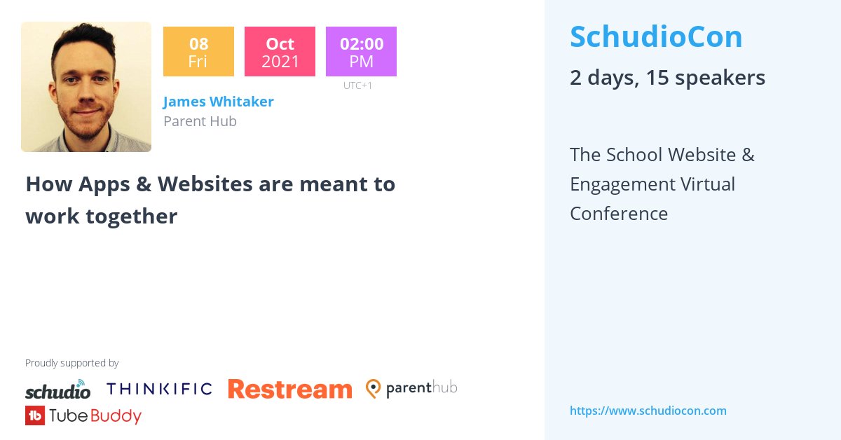 How are apps and websites best used to serve your school community? Find out at SchudioCon 8th October at 2pm!

Book your free ticket ➡️ bit.ly/3h98FOT

<a href="/ParentHub_UK/">Parent Hub</a>

#schudiocon #education #event