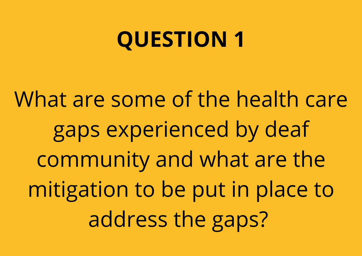 TinadaOrg's tweet photo. To our first question.

What are some of the health care gaps experienced by the deaf community and what are the mitigation to be put in place to address the gaps? 

#InternationalDayofSignLanguages #InternationalWeekoftheDeaf #WeekOfTheDeaf https://t.co/cOIYyr1UfM