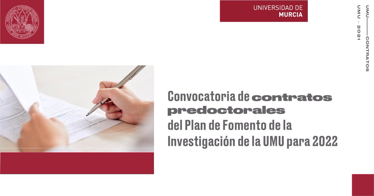 UMU's tweet photo. 🔬 Convocados 20 contratos predoctorales del Plan de Fomento de la Investigación en la UMU para 2022. 
🗓️ Puedes realizar tu solicitud hasta el próximo 13 de octubre. 
Toda la info en ➡️ https://t.co/sgCps7kkFp https://t.co/aVaHD2Emw7