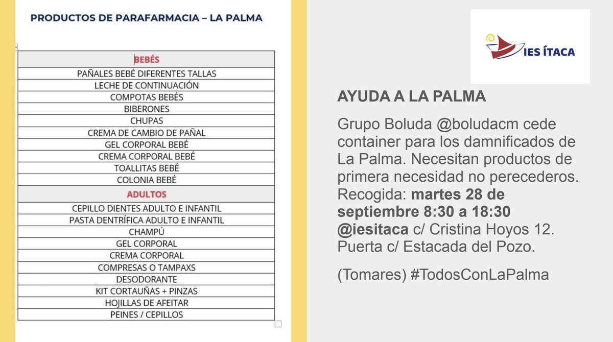 iesitaca's tweet photo. #TodosConLaPalma, el departamento de Cooperación y nuestro alumnado,  colaboran con el Grupo Boluda en esta campaña de  ayuda. Sólo un día para colaborar y ayudar. Colabora!!! https://t.co/SFnS719hRH