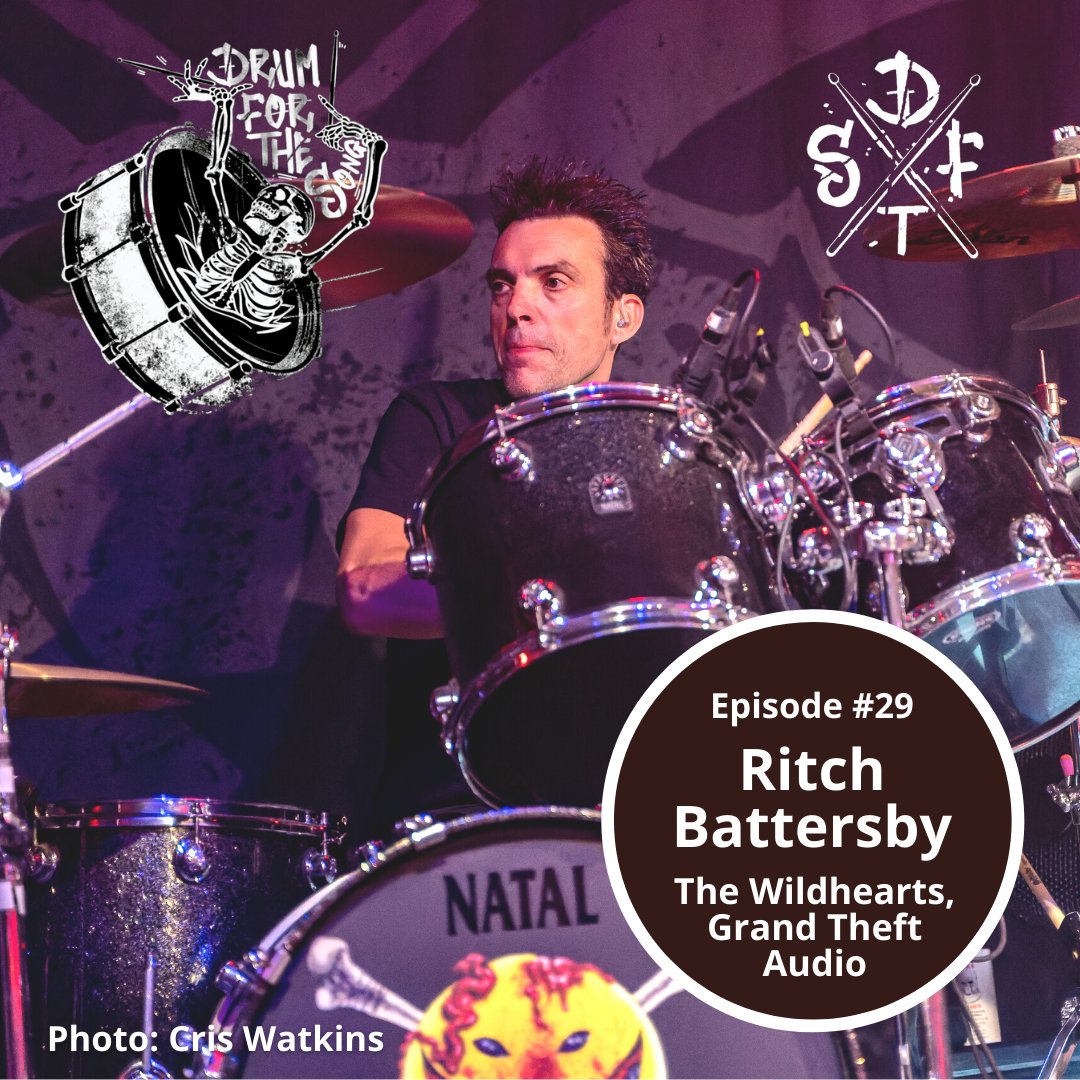 I'm thrilled to announce that episode #29 of @drumforthesong podcast featuring @ritchbattersby of @thewildhearts and Grand Theft Audio is now available wherever you get your podcasts and #YouTube! Please check it out and share 😎 linktr.ee/drumforthesong