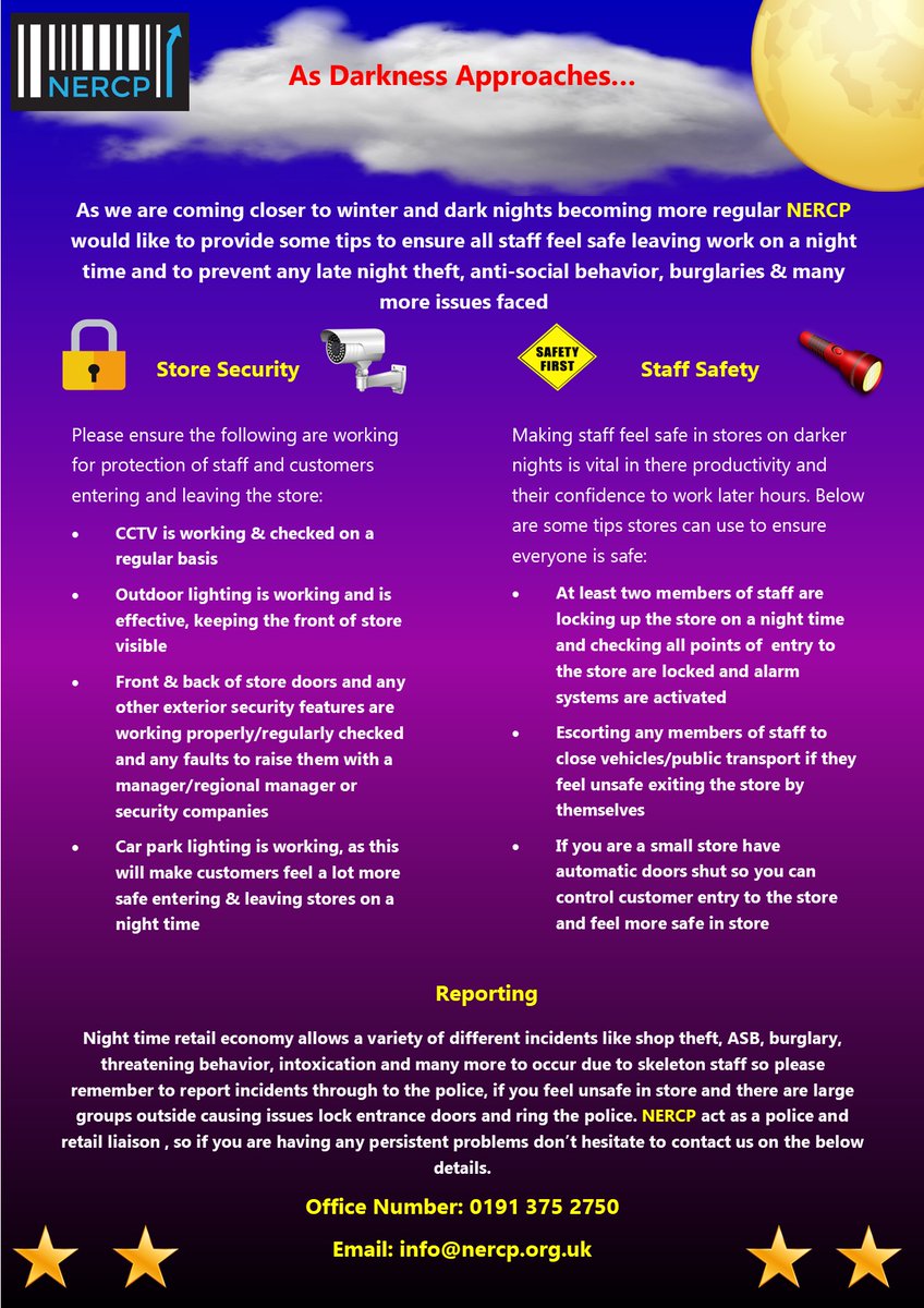 As dark nights are approaching us <a href="/NERCP/">NERCP</a> have created a top tips poster to ensure all staff in retail stores and customers feel safe shopping on darker nights #safetyfirst #retailstaff #customers #toptips <a href="/Cleveland_PCC/">Office of the PCC for Cleveland</a> <a href="/DurhamPCC/">Durham PCC</a> @NorthumbriaPCC