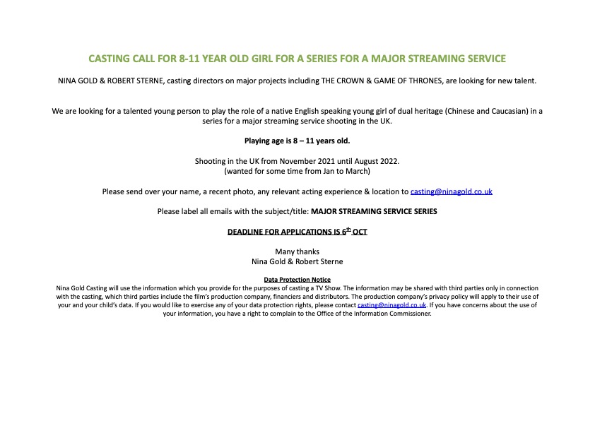 ✨CASTING CALL!✨ We're looking for a talented young kid aged 8-11 years old for a series for a major streaming service - see flyer below for info and please share!