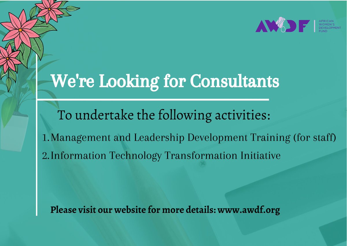 awdf01's tweet photo. ❗️Opportunity Alert!❗️

📣 We are looking for feminist consultants in Management and Leadership Development Training &amp; Information Technology Transformation!

❗️Deadline for applications 👉🏿 15th October 

✨ More details &amp; to apply 👉🏿 https://t.co/jAeVMMG3rY

#FeministJobs https://t.co/O3ukGGq2Od