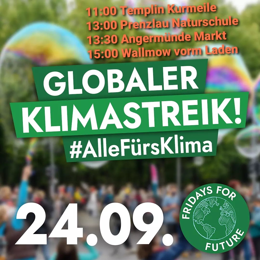 Gleich gehts los zum #Klimastreik
#AlleFürsKlima!
und das in der Uckermark gleich mehrfach 
in #Templin, #Prenzlau #Angermünde #Wallmow 
 #Klimagerechtigkeit jetzt!
System change not Climate change!