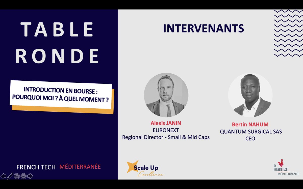 FrenchTechMed's tweet photo. La première table ronde sur le sujet de l'introduction en bourse débute avec @BertinNAHUM de @QuantumSurgical et Alexis Janin @euronext_fr. Les intervenants vont détailler les intérêts d'une #IPO pour une entreprise en forte croissance. #FTMed https://t.co/G8xd0RwLoT