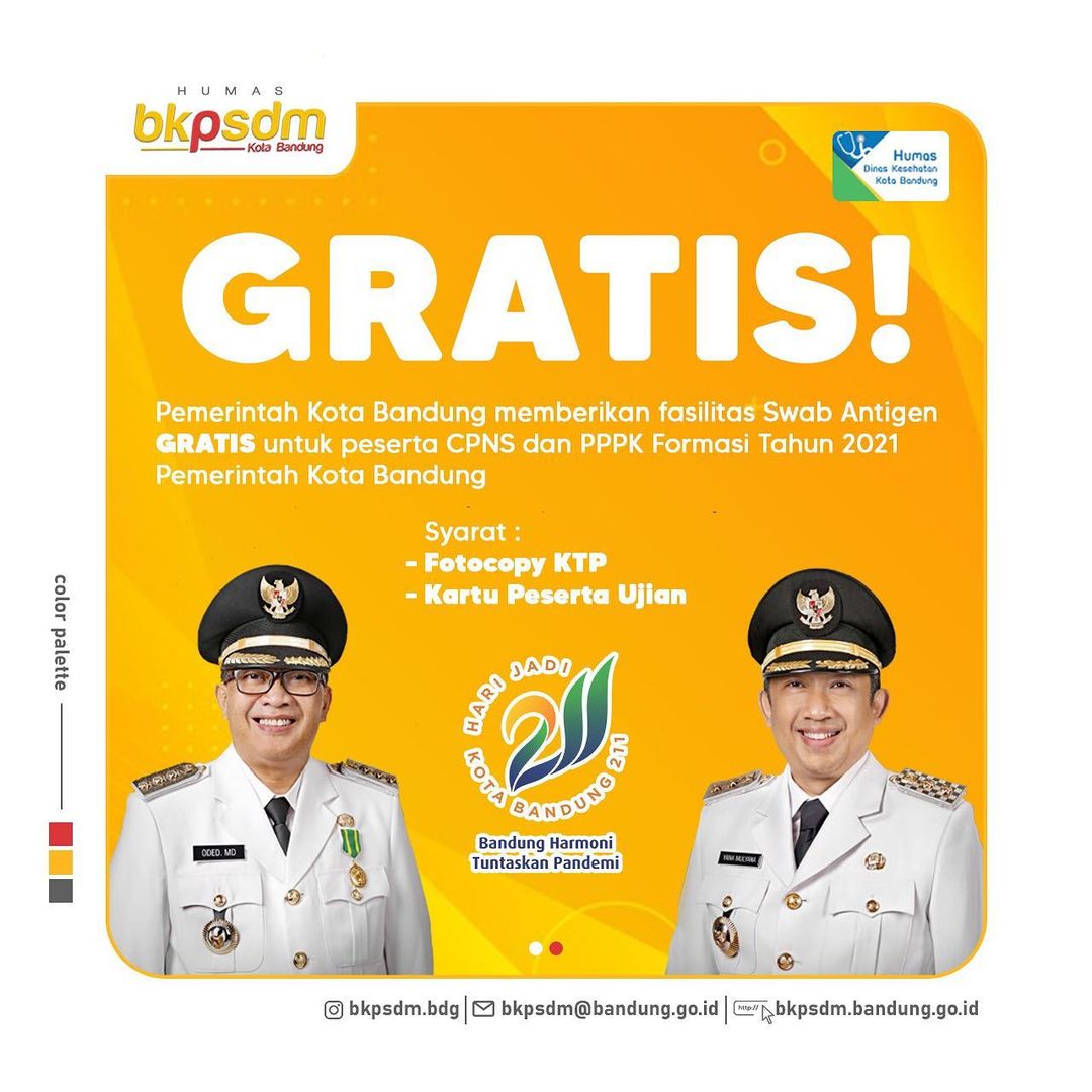 bkpsdm_bdg's tweet photo. Assalamualaikum Para Pejuang CASN 2021 Pemkot Bandung!

Seperti yang diinformasikan sebelumnya, Pemerintah Kota Bandung memberikan fasilitas Swab Antigen Gratis untuk para peserta CPNS dan PPPK non Guru Formasi Tahun 2021. https://t.co/KM1Yil5wAP