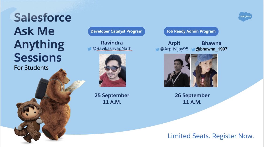 Calling students interested to learn #Salesforce to join Week2 of Student AMA session with the #cool #awesome <a href="/RavikashyapNath/">Ravindra nath</a> <a href="/arpitvijay95/">arpit vijayvergiya #BlazeYourCertification</a> @bawna_1997 this Saturday and Sunday #TrailblazerCommunity #trailblazerConnect <a href="/RenitaSFerreira/">Renita Ferreira</a> <a href="/amandabauman/">Amanda Bauman</a> <a href="/SanketAtal/">Sanket</a> <a href="/ictacademyindia/">ICT Academy</a>