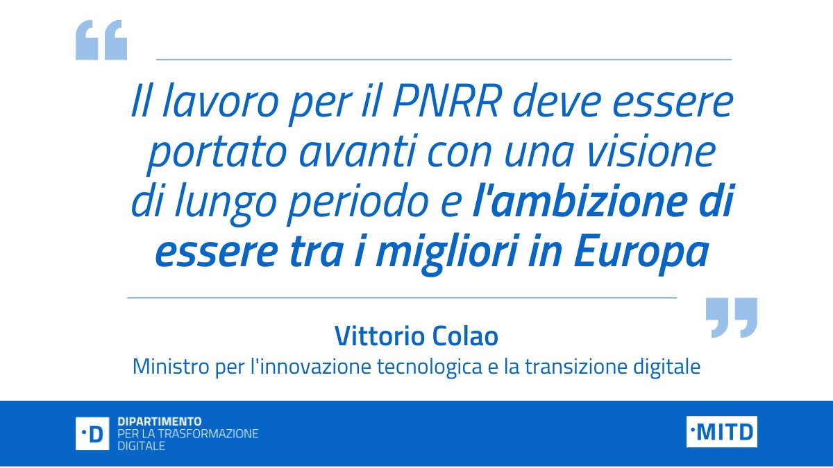 InnovazioneGov's tweet photo. "Il #PNRR ha bisogno di una visione di lungo periodo, ottimista e ambiziosa" ha detto il Ministro #Colao nel corso di #ItalianTechWeek. "Vogliamo essere tra i migliori nel 2026 e continuare a rimanere tali. Possiamo farcela" https://t.co/W8j3lnNQcG