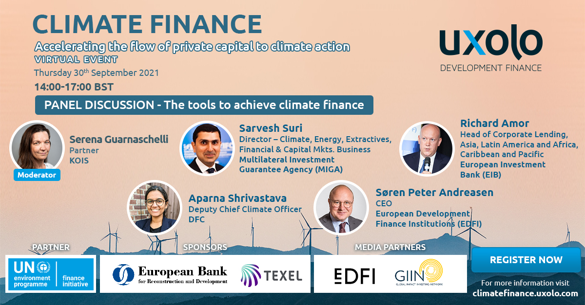 uxolo_global's tweet photo. Uxolo's upcoming free virtual event, in partnership with @UNEP_FI , @EDFInetwork , @theGIIN, and supported by our sponsors, The @EBRD and Texel Group. Here is the second panel.
Register https://t.co/mLRxn4yYo5
Full agenda https://t.co/5W3X9Bc2Yj
#climatefinance #cop26 https://t.co/XQNFHnCbTj