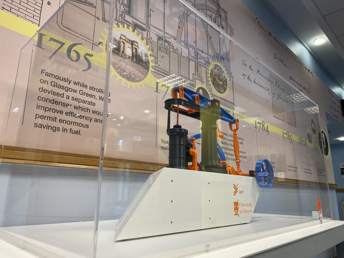Our 3D-printed #JamesWatt engine model is now at its new home in the James Watt South building of <a href="/UofGEngineering/">UofG Engineering</a>! Many thanks to <a href="/uofglibrary/">University of Glasgow Library</a> for hosting it for 2 years and 3 months which is a *little* bit longer than planned 😁