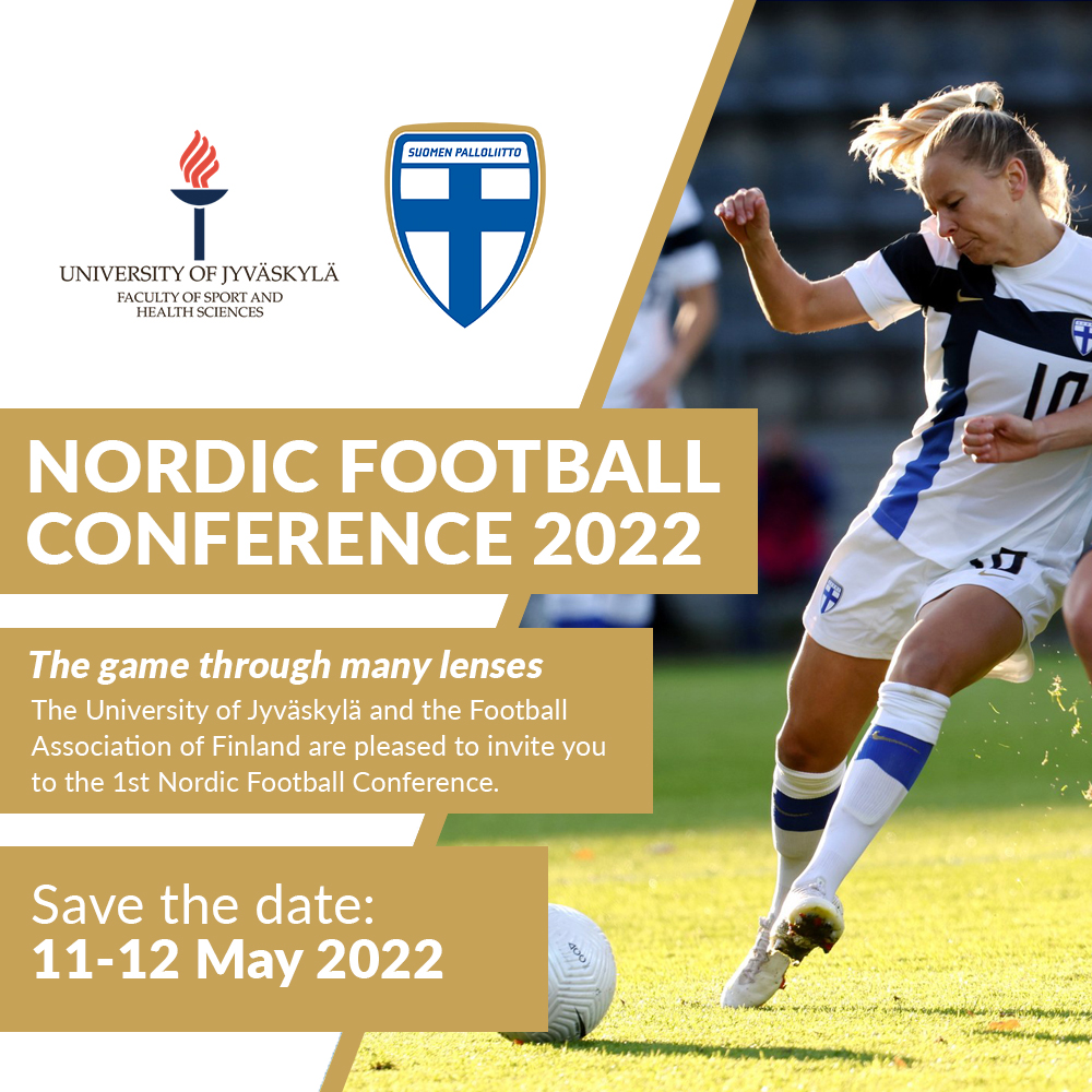 JYUsport_health's tweet photo. Save the date! Jyväskylän yliopiston liikuntatieteellinen tiedekunta ja @Palloliitto järjestävät yhteistyössä ensimmäisen Nordic Football Conferencen 11.-12.5.2022. https://t.co/yZ5eZq35UD #jalkapallo #JYUnique https://t.co/GPR6uzjI3j