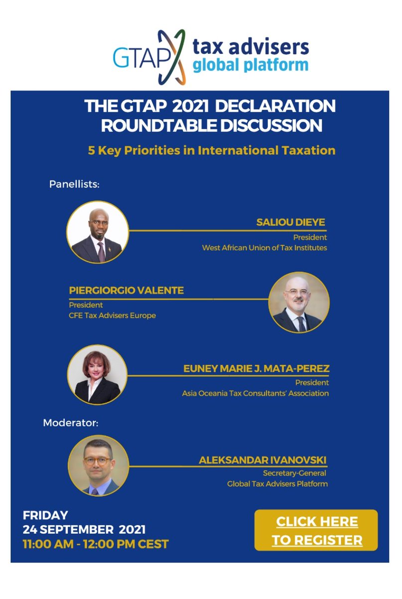 Today at 11:00 CEST GTAP will present and discuss five key priorities in international taxation from its 2021 Declaration. Join via Zoom to participate: us02web.zoom.us/webinar/regist…