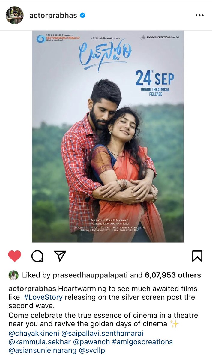 Team_Prabhas's tweet photo. Great to see the audience back at the theatres for the revival of golden days of cinemas! Best wishes to the entire team of #LoveStory!! Watch it in a theatre near you..

@chay_akkineni @Sai_Pallavi92 @sekharkammula @pawanch19 @svcllp https://t.co/ijgoi46oou