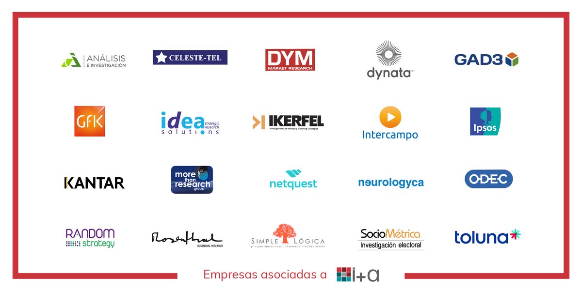 Únete a las empresas asociadas <a href="/ODEC_SA/">ODEC</a> <a href="/DYMinstituto/">DYM Research</a> <a href="/grupo_aei/">Grupo AEI</a> #celestetel <a href="/DynataGlobal/">DynataGlobal</a>  <a href="/GAD3_com/">GAD3</a> <a href="/GfK_Spain/">GfK España | Una empresa NielsenIQ (NIQ)</a> <a href="/idearesearch/">idea solutions</a> <a href="/IKERFEL/">IKERFEL</a> #intercampo <a href="/IpsosSpain/">Ipsos España</a> <a href="/Kantar_ES/">Kantar ES</a> <a href="/MoreTResearch/">More Than Research</a> @netquest_es <a href="/Neurologyca_/">Neurologyca</a> <a href="/Random_strategy/">RANDOM strategy</a> #rosenthal @s_logica <a href="/SociometricaEs/">Sociometrica</a> <a href="/TolunaEspana/">Toluna España</a>
