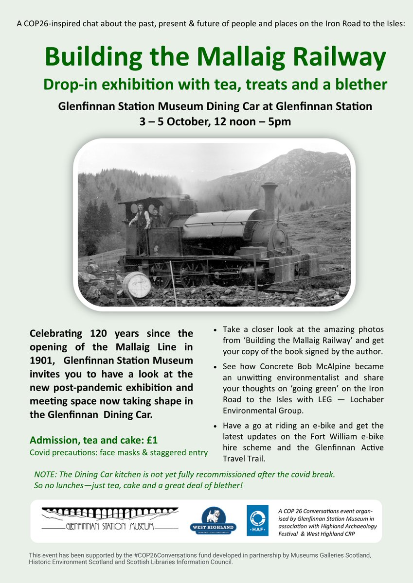 CrpWest's tweet photo. 120 years of rail travel
The line to Mallaig was first opened in 1901 - to celebrate this achievement an exhibition of pictures &amp; memorabilia will open at Glenfinnan Station Museum on 3rd October. Refreshments, a book-signing and you can try out ebikes - all for £1!
See you there https://t.co/KQw5DDHP4q