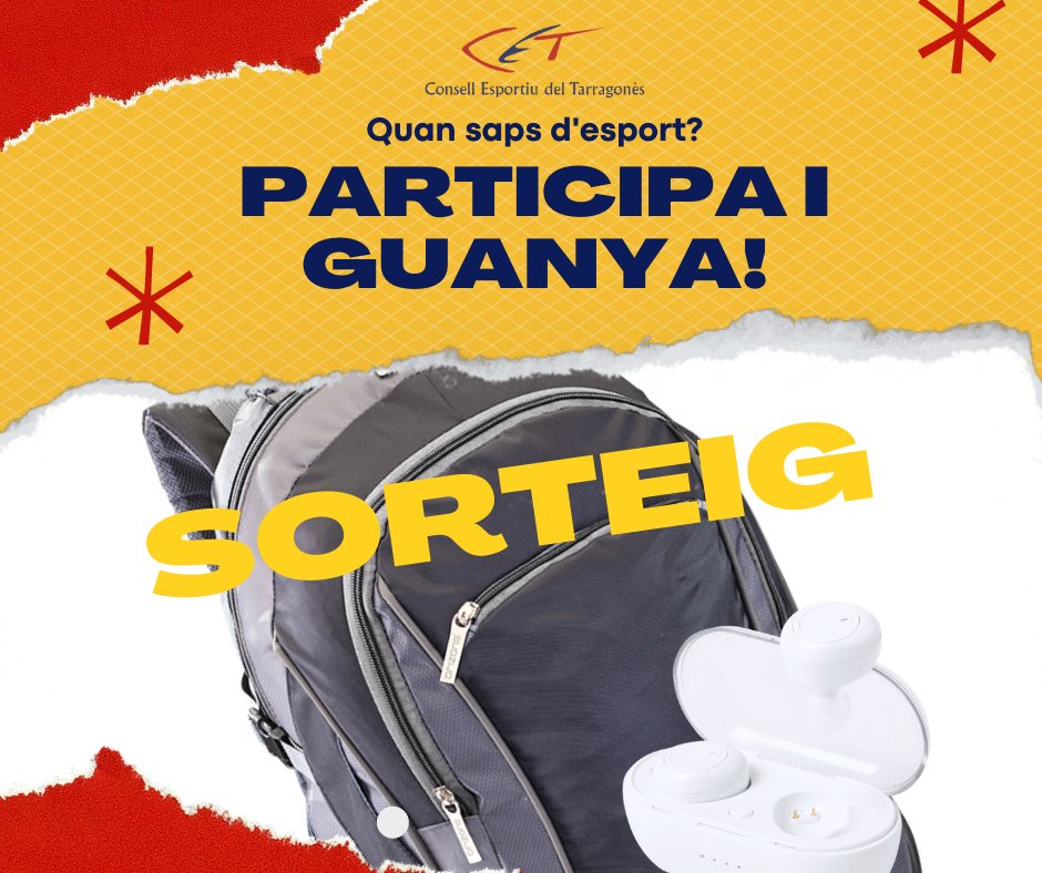 cetarragones's tweet photo. 👉  Per començar bé el cap de setmana, activa la teva ment participant en el nostre joc "Quan saps d'esports?" i entra al sorteig d'una motxilla i uns auriculars Bluetooth.

➡️  Juga al nostre Repte fent clic en aquest enllaç https://t.co/jb2O0UgKfP

▶️ #sempreesportCET https://t.co/6Ow5SvH48b
