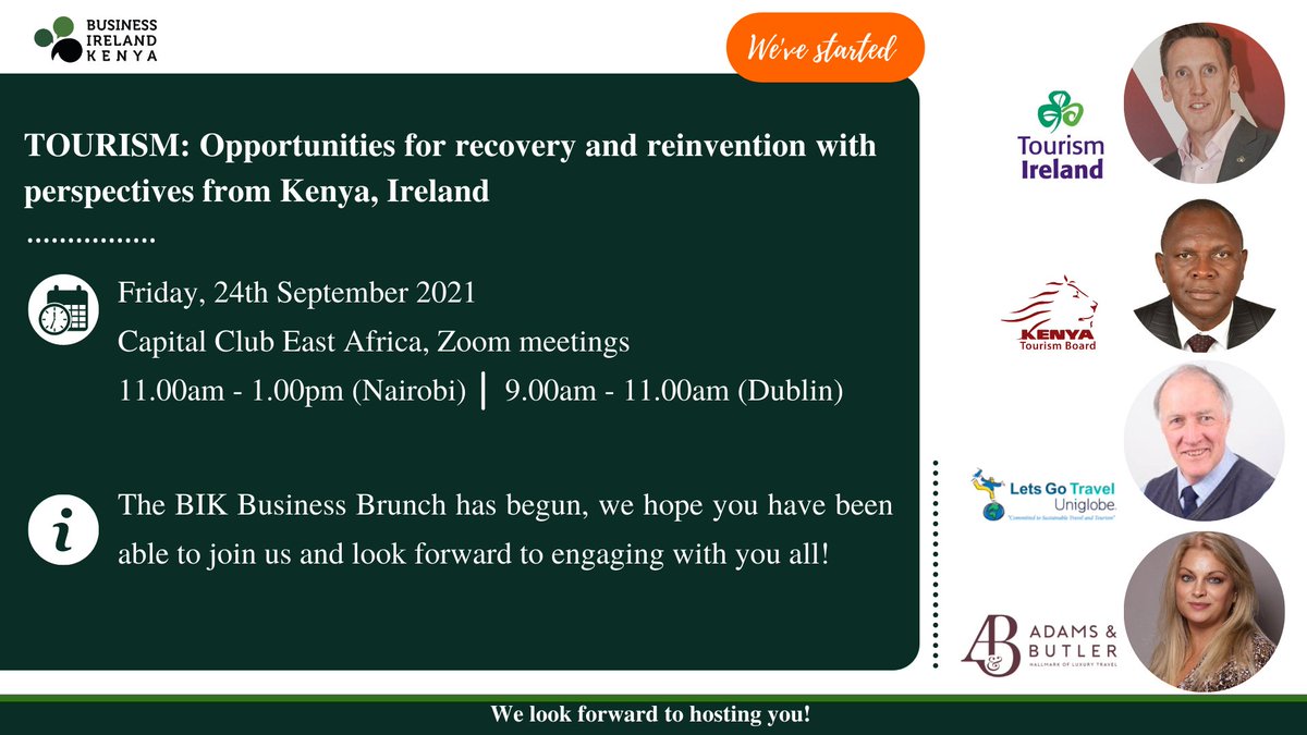 BIrlKe's tweet photo. Our #tourism meeting has begun and we hope you have been able to join us, our session focuses on opportunities for #travel, strategies for #recovery & #reinvention with speakers from #Kenya & #Ireland.
@magicalkenya @TourismIreland @LetsGoTravelKE @adamsandbutler
#JoinBik https://t.co/onvKSps5tl