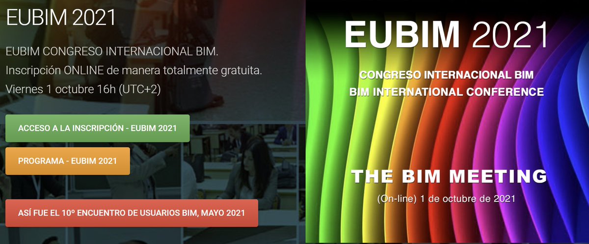 🟥🟧🟨🟩🟦🟪⬛⬜
EUBIM 2021
THE BIM MEETING 
📍Viernes 1 de Octubre 2021 (16:00h UTC+2) , evento que se realizará online y gratuito

👉Inscripción: eubim.com/eubim2021

#EUBIM2021 #BIM #CongresoBIM 
<a href="/_eubim/">EUBIM ® Congreso Internacional BIM</a>