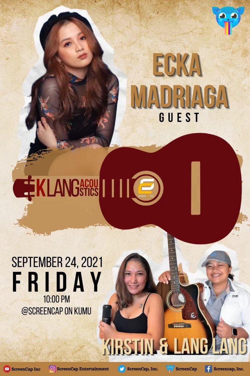 ScreencapI's tweet photo. Our Friday night will get more chill!

Join us with our guest, Ecka Madriaga sa K Lang Acoustics later tonight, 10pm, sa KUMU account ng ScreenCap Inc. https://t.co/WRTpTDiVwK
