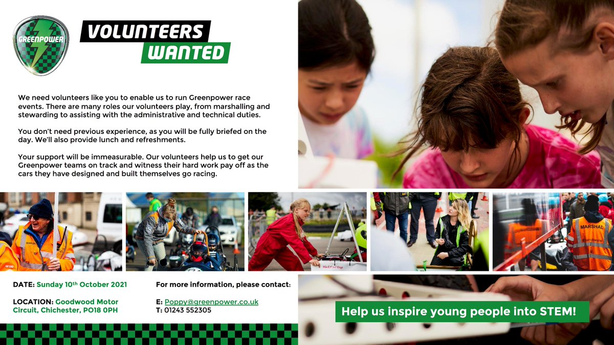 📢 CALLING ALL VOLUNTEERS 📢

📍 Goodwood Motor Circuit, Chichester
🗓 Sunday 10th October 2021

We're looking for volunteers to join us at the Greenpower International Final at Goodwood!

For more information, email poppy@greenpower.co.uk 📧

#Greenpower #Volunteers #Final