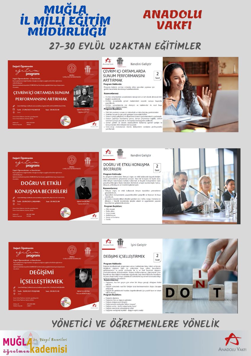 YÖNETİCİ VE ÖĞRETMENLERİMİZE YÖNELİK
27-29-30 EYLÜL'DE UZAKTAN EĞİTİMLER 
Muğla Öğretmen Akademisi ile Anadolu Vakfı işbirliğinde "Değerli Öğretmenim Eğitim Programı" kapsamında yönetici ve öğretmenlerimize yönelik eğitimler devam ediyor.
<a href="/tcmeb/">Millî Eğitim Bakanlığı</a> <a href="/emrecay55/">Emre ÇAY</a> <a href="/anadoluvakfi/">Anadolu Vakfı</a>