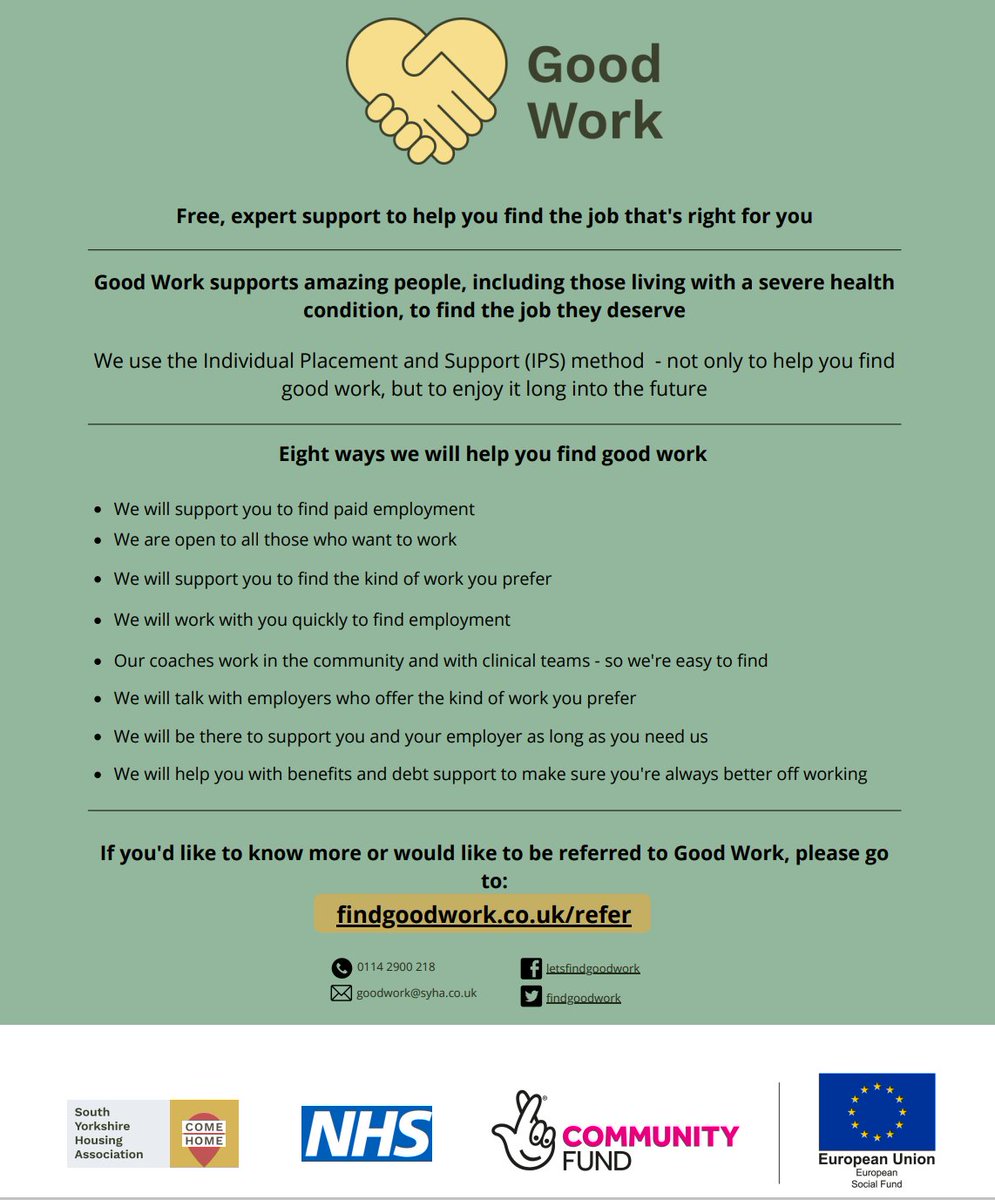 MblBarnsley's tweet photo. We're pleased to share that SYHA Good Work service is now recognised as a Centre of Excellence in IPS supported employment practice across S.Yorks &amp; Bassetlaw by the Centre for Mental Health. We're the 2nd provider to be awarded this in Yorkshire &amp; N.East. @findgoodwork https://t.co/cFAvGi4ktP