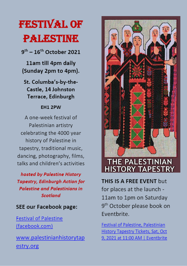 Don't miss this festival of #Palestinian artistry celebrating the 4000-year history of Palestine in tapestry, traditional music, dancing, photography, films, talks &amp; children’s activities which will be running 9th-16th October!
<a href="/PalestineCultu1/">Palestine Culture</a>